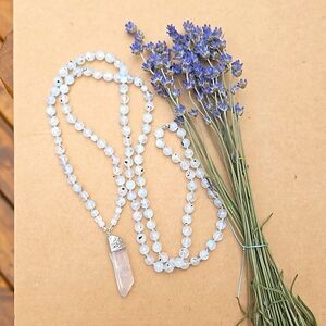 Beautiful Rainbow Moonstone One of A Kind 108 BeadHand Knotted Mala Necklace